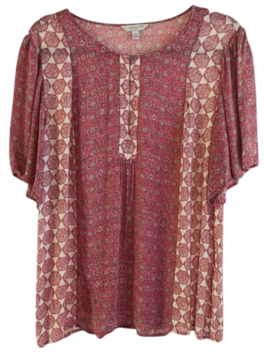 Lucky Brand Mixed-Print Red White BOHO MOD top Size Large Semi-Sheer Rayon